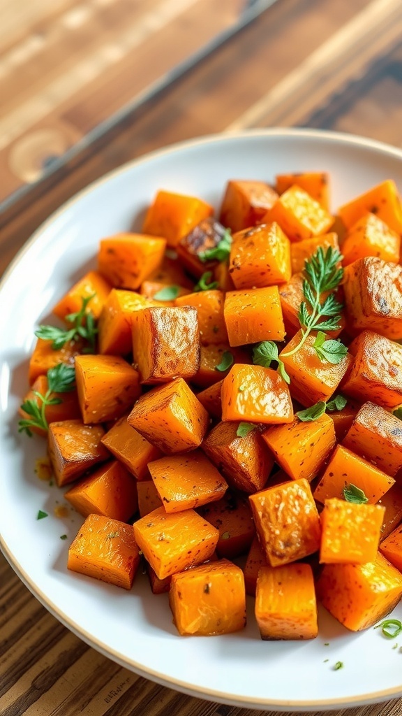 Crispy seasoned sweet potatoes garnished with herbs on a rustic wooden table.